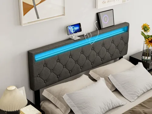 Vista 3 de IKIFLY Cabecera tapizada tamaño Queen con luces LED, puerto USB y tipo C 39.4"-43.3" Adjustable Height, Button Tufted Linen Fabric Padded Queen