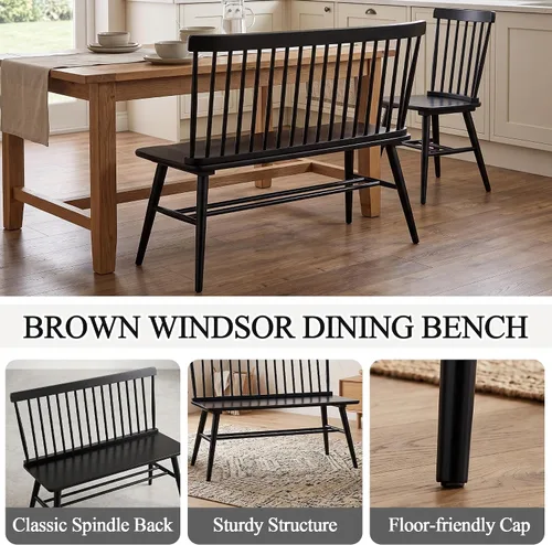 Vista 5 de DUHOME Banco de entrada, Banco de comedor negro con respaldo de espiral, Banco de madera de casa rural Windsor para vestíbulo, balcón, sala