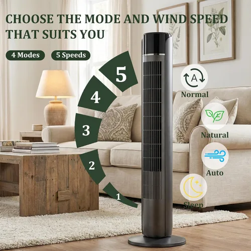 Vista 7 de Tower Fan for Bedroom, Bladeless Cooling Fan with Remote, 60° Oscillating Standing Fan with 28dB Quiet for Sleep, 12H Timer, 5 Speeds 4 Modes, LED