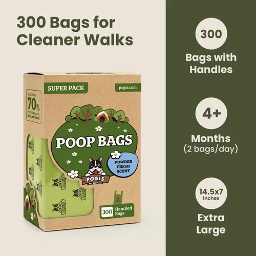 Vista 6 de Pogi's Bolsas para excremento con asas de ajuste fácil: Bolsas para residuos de perro a prueba de fugas Aromatizado.