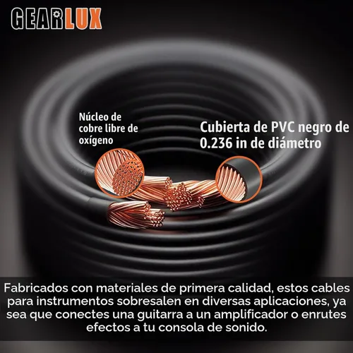 Vista 5 de Gearlux Cable de instrumento/cable de guitarra, 1/4 de pulgada, recto a recto, negro, 6 pies - paquete individual 1 Paquete