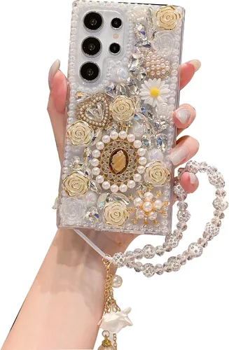 Vista 9 de iFiLOVE Funda para Samsung Galaxy S10 Bling Diamond Case con correa de flores, 3D de lujo con purpurina de cristal de imitación de perlas y rosas
