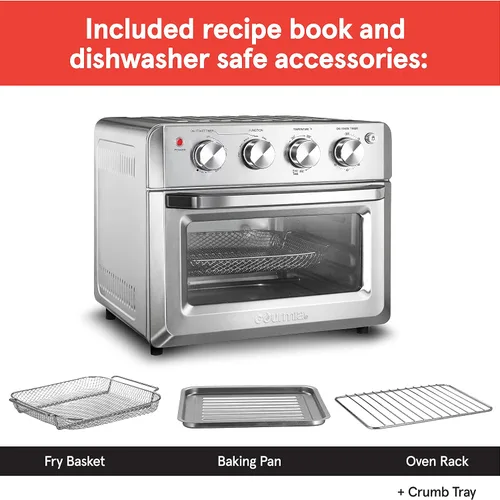 Vista 5 de Gourmia Tostador Horno Air Fryer Combo 7-en-1 funciones de cocción 1550 vatios, capacidad 19.8L, accesorios incluidos estante de convección, cesta
