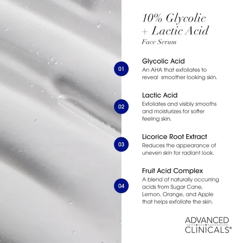 Vista 4 de Advanced Clinicals - Suero exfoliante con ácido glicólico al 10% para la cara + ácido láctico Exfoliante facial AHA + suero de ácido salicílico