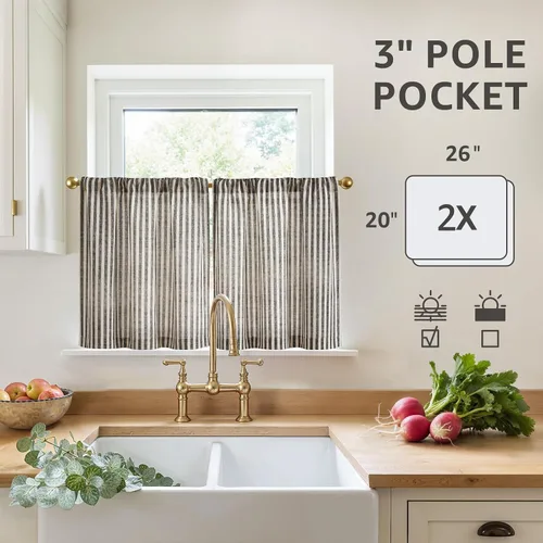 Vista 5 de jinchan - Cortinas de lino a rayas para cocina de 20 pulgadas de largo, cortinas de varios niveles, estilo granja moderna de café, tratamientos