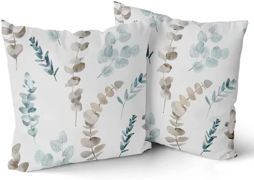 Vista 2 de Sweetshow Juego de 2 fundas de almohada decorativas de hojas azules marrones de 16 x 16 pulgadas, diseño de ramas de eucalipto, hojas florales