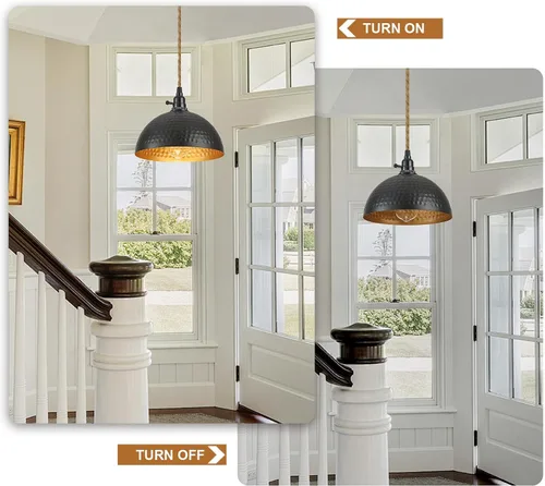 Vista 4 de Luces Colgantes Enchufables Lámpara Colgante de Cúpula Martillada con Interruptor Regulable Cuerda de Cáñamo de 15 Pies de Largo Luz Colgante