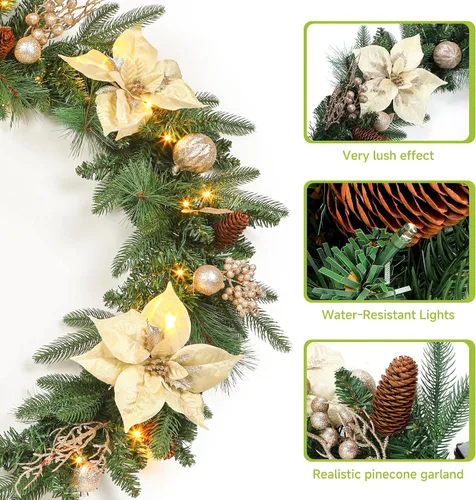 Vista 3 de SHareconn Guirnalda de Navidad Preiluminada de 9 Pies con Luces LED Multicolor, Temporizador a Batería, Guirnalda Iluminada con Bola de Flor