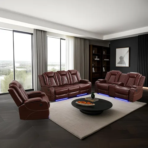 Vista 17 de Juego de sofá modular reclinable eléctrico con luz LED, juego de sofá modular reclinable de cuero, incluye sillón reclinable individual, juego