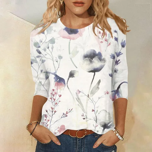 Vista 2 de Camisetas elegantes para mujer, a la moda, casual, de manga de siete puntos, cuello redondo, camisetas de moda para mujer