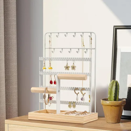 Vista 3 de JAZUIHA Organizador de joyas con organizador de aretes, collar y pulsera, colgador de 3 niveles para exhibición de joyas y almacenamiento de aretes