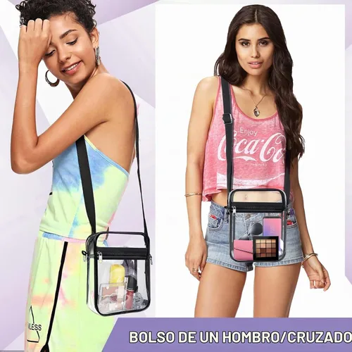 Vista 2 de Bolsa transparente aprobada para estadios, bolsa cruzada transparente, con correa de hombro ajustable para mujer, con bolsillo frontal Negro