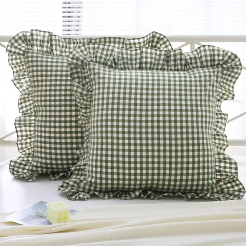 Vista 48 de Mywinlle juego de 2 fundas para cojín con volantes a cuadros negro/blanco, fundas de almohada decorativas de algodón lavado a cuadros estilo granja