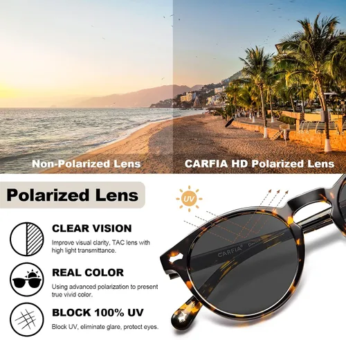 Vista 14 de CARFIA Gafas de sol polarizadas de acetato redondo para mujer, protección UV de cara pequeña con funda de cuero CA5288