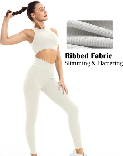 Vista 3 de LEEKEWAY Conjuntos de entrenamiento para mujer, sin costuras, ombligueras, leggings a juego, 2 piezas, trajes de entrenamiento de yoga