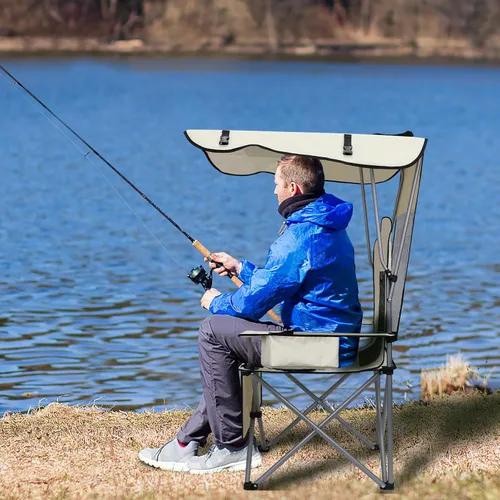 Vista 6 de PLKO Sillas de camping con toldo, silla de césped portátil cuádruple para adultos, silla reclinable plegable con portavasos para eventos al aire