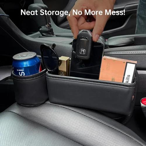Vista 2 de Umickoo Paquete de 2 Organizadores de Relleno de Asiento de Carro, Organizador de Asiento de Carro de Cuero con Portavasos, Accesorios