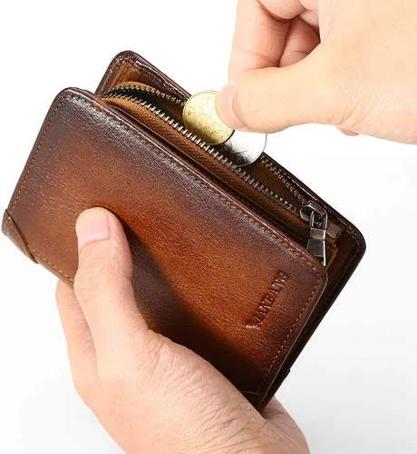 Vista 5 de Billetera para hombre con cremallera de cuero genuino RFID tarjeteros de piel de vaca con cremallera bolsillo para monedas, carteras plegables