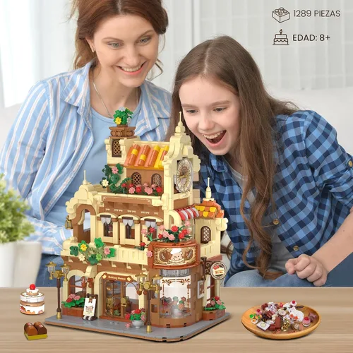 Vista 6 de INSOON City Bakery Cafe House - Set de construcción de casa con luz, 1289 piezas de juguete de bloques de construcción de panadería con sala
