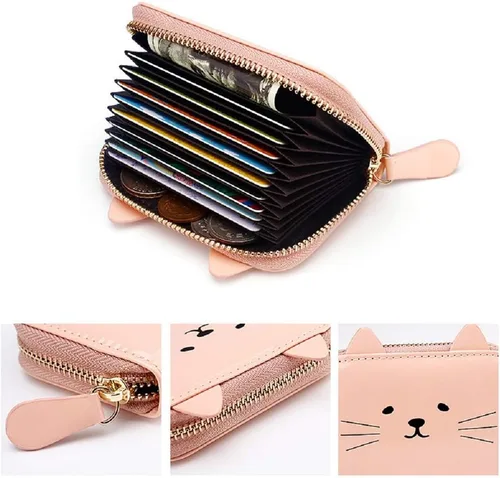 Vista 4 de JIUFENG Cartera para mujer con bloqueo RFID, bonito diseño de gato, con cremallera, multiusos, tarjetero pequeño