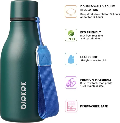 Vista 2 de BJPKPK Botellas de agua aisladas, botella de agua de metal de acero inoxidable de 12 onzas con correa, sin BPA a prueba de fugas, jarras, tazas