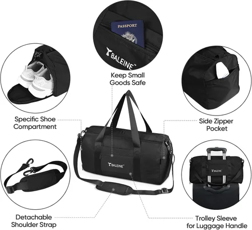 Vista 4 de BALEINE bolso de gimnasio para mujeres y hombres, pequeño bolso de lona impermeable y ligero para deportes, gimnasios y escapadas de fin de semana