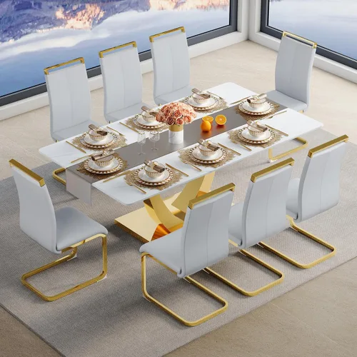 Vista 37 de Juego de mesa de comedor para 4, mesa de comedor de mármol sintético de 63 pulgadas con patas y base de acero inoxidable, sillas acolchadas