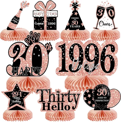 Vista 41 de 9 piezas de decoración de cumpleaños negro dorado 16 centros de mesa de panal para niños y niñas, centros de mesa de feliz cumpleaños 16 Oro negro 16