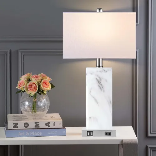 Vista 8 de Juego de 2 lámparas de mesa con control táctil, modernas lámparas de noche de cerámica con 2 puertos USB y 1 enchufe de CA, lámparas de mesita de 3