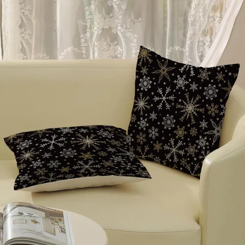 Vista 4 de Fundas de almohada de Navidad de 18x18 Juego de 2 Cojines dorados de copo de nieve de invierno Fundas de almohada negras Cojines decorativos de Copo