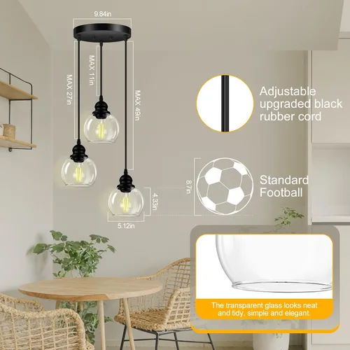 Vista 4 de Lámpara colgante de 3 luces, lámpara de techo colgante con pantalla de vidrio transparente, color negro mate, iluminación colgante de altura