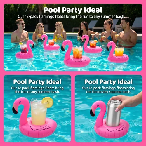 Vista 4 de Soporte inflable flotante para bebidas de flamenco, paquete de 12 posavasos flotantes para piscina, portavasos para latas de bebidas, tazas