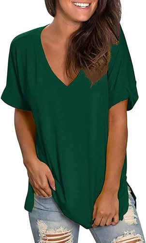 Vista 2 de Womens Summer Tops V Neck Plain Shirts Casual Rolled Sleeve T-Shirt Side Split Tunics Plus Size Hide Belly Blouse