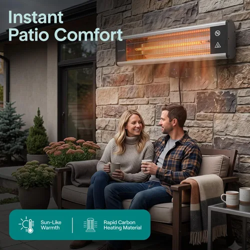 Vista 3 de SereneLife - Calentador de patio con infrarrojos, calentador eléctrico de pared con control remoto, 1500W, aprobado IP65, sin olor, para interiores