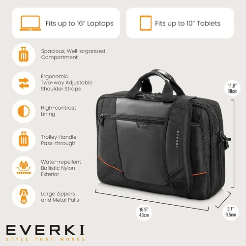 Vista 5 de Everki Flight Business - Maletín para laptop de 15.6 o 16 pulgadas, ideal para viajes, hombres o mujeres, organizado, negro (EKB419)