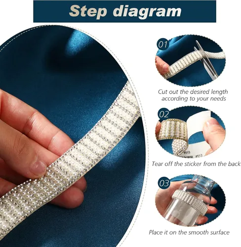 Vista 4 de Outus 3 rollos de calcomanías de perlas, cinta autoadhesiva con diamantes de imitación, tiras de cinta de cristal, para manualidades, boda