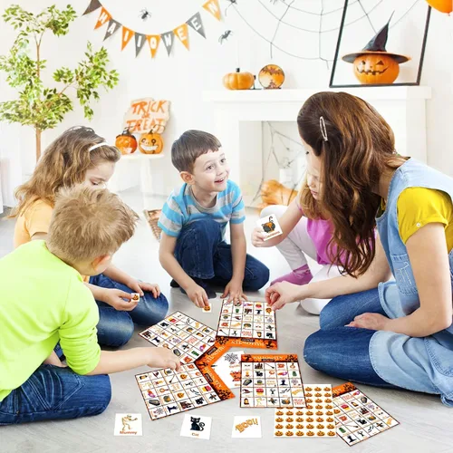 Vista 4 de V-Opitos Tarjeta de juego de bingo de Halloween de gran tamaño para niños y adultos, 6 x 8.5 pulgadas, 28 jugadores, juegos de Halloween