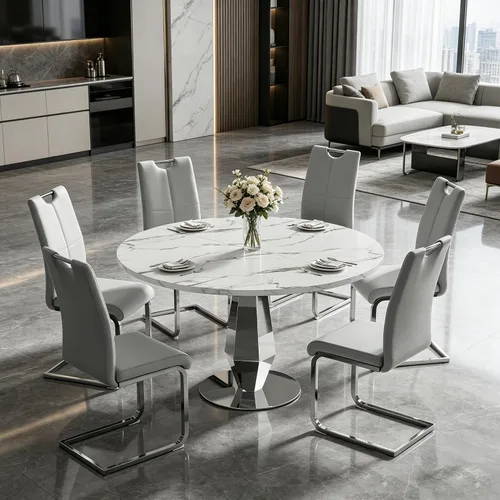 Vista 8 de Henf Mesa de comedor redonda de mármol sintético para 4 a 6 personas, mesa de cocina moderna de oro blanco de 47 pulgadas con base de acero Mesa