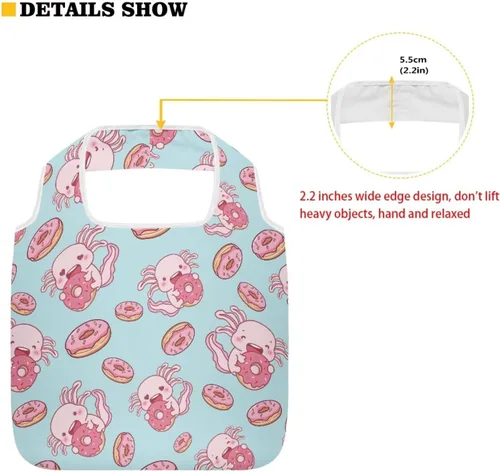 Vista 5 de Belidome Bolsa de comestibles con diseño de donas de ajolotl para compras, lavable, reutilizable, con bolsillo para asa
