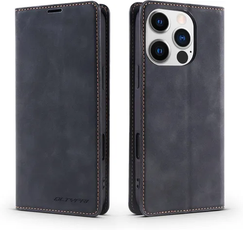 Vista 46 de QLTYPRI Funda tipo cartera para iPhone Air, 3 tarjeteros, color negro Funda de piel sintética de alta calidad, cierre magnético, soporte