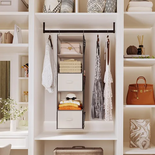 Vista 2 de YOUDENOVA Organizador colgante de armario, estantes colgantes de armario de 5 niveles con 6 bolsillos laterales y 2 cajones, color beige