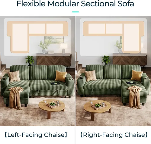 Vista 3 de LINSY HOME - Sofá seccional cama extraíble para sala de estar, sofá en forma de L de corduroy mullido con almacenamiento y carga USB, sofá seccional