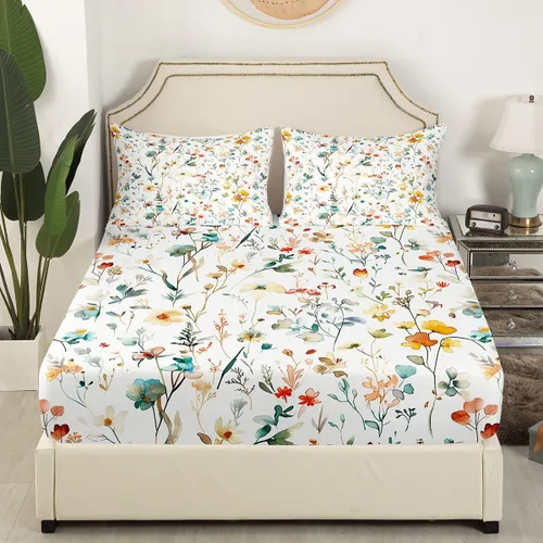 Vista 3 de Juego de ropa de cama de flores de acuarela, sábanas de teñido anudado arcoíris, arte de tinta colorida, sábana bajera ajustable floral bohemio