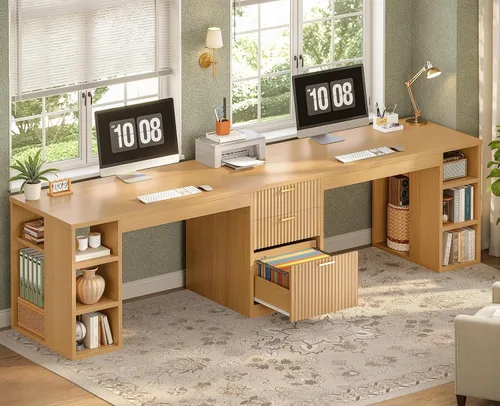 Vista 11 de SEDETA Farmhouse 96.5" 2 Person Computer Desk with Storage Drawers White and Brown