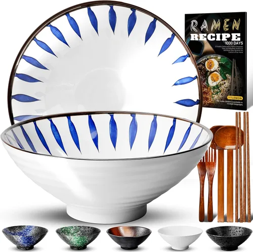 Vista 11 de Juego de 2 cuencos de cerámica para ramen de 8 pulgadas (9 piezas) – Tazones grandes de porcelana japonesa para ensalada, fideos, cereales, frutas
