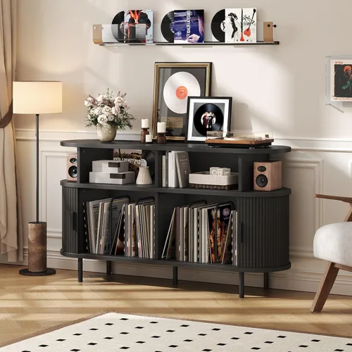 Vista 7 de Soporte redondo grande para tocadiscos de 55 pulgadas con estación de carga, gabinete de almacenamiento de discos de vinilo, soporte moderno