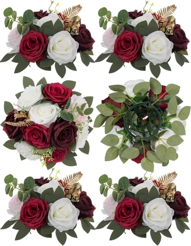 Vista 10 de BLOSMON Centros de mesa de boda de bola de rosas artificiales, 2 piezas Borgoña