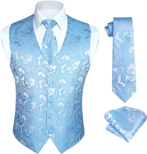 Vista 9 de HISDERN Conjunto de 3 piezas de chaleco formal para hombre, chaleco formal de cachemira floral jacquard corbata bolsillo cuadrado chalecos