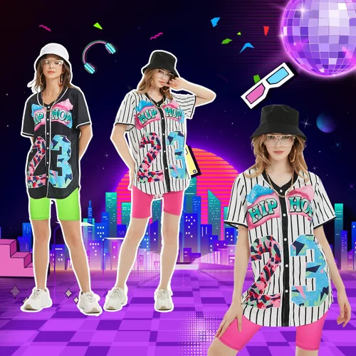 Vista 6 de WILDPARTY Traje de los años 80 y 90 para mujer, disfraz unisex de hip hop, camiseta de béisbol, pantalones de yoga, accesorios de rapero