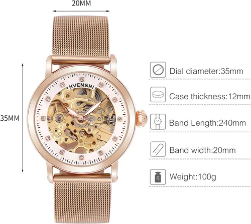 Vista 6 de RORIOS Reloj mecánico automático de las mujeres Auto-Winding Esqueleto Dial Correa de acero inoxidable Señoras Relojes de pulsera